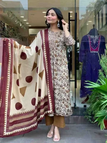FANCY MAGIC COTTON PRINTED WORK TOP BOTTOM WITH DUPATTA CREAM AND YELLOW