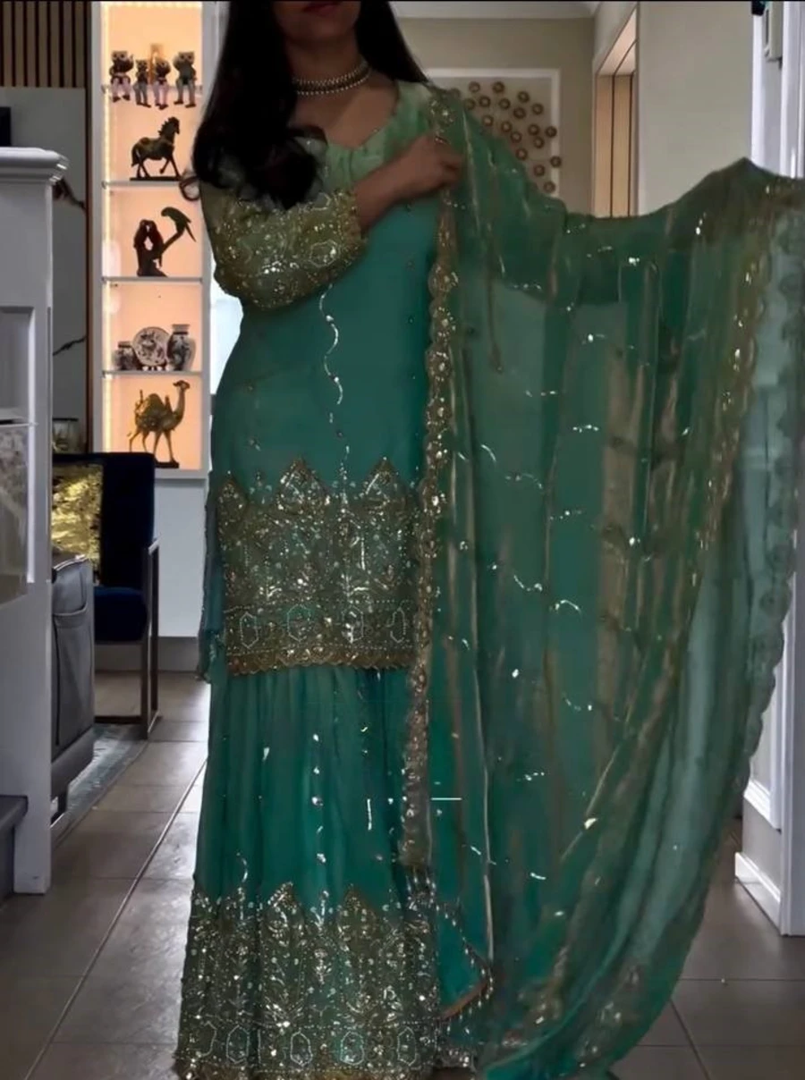 FANCY NC SATIN EMBROIDERY SEQUENCE WORK TOP SHARARA WITH DUPATTA FESTIVE WEAR WHOLESALE PRICE ETHNIC GARMENT (5)
