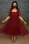 FANCY NET SEQUENCE + FLOWER EMBROIDERY WORK ONE PIECE DRESS MAROON