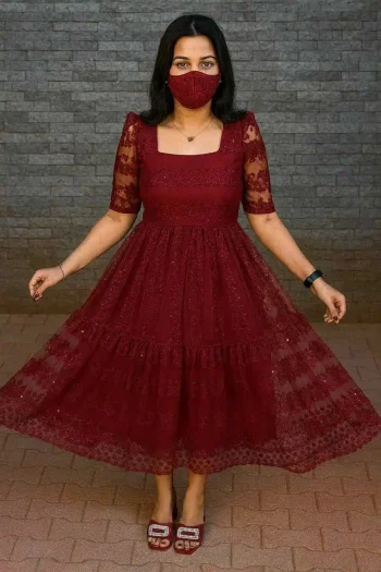 FANCY NET SEQUENCE + FLOWER EMBROIDERY WORK ONE PIECE DRESS MAROON