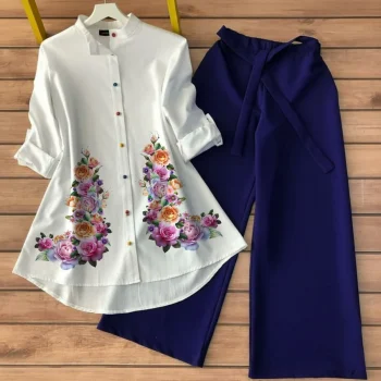 FANCY POLY RAYO PRINT WORK TUNIC TOP WITH PALAZZO NAVY BLUE