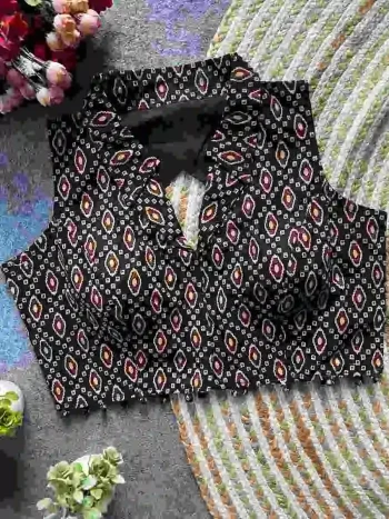 FANCY PURE COTTON AJRAKH PRINT WORK STITCHED BLOUSE BLACK