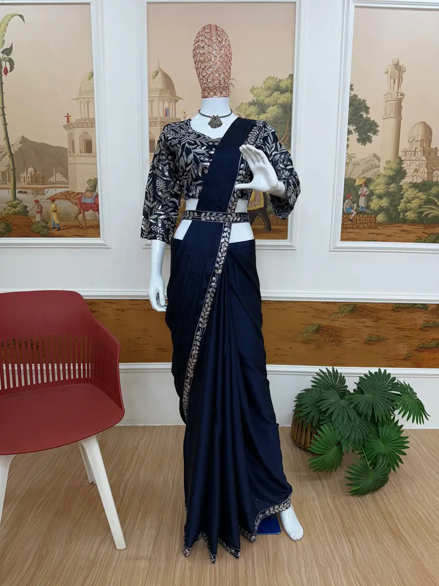 FANCY RANGOLI EMBROIDERY LACE BORDER WORK READY TO WEAR SAREE STITCHED BLOUSE AND WASIT BELT WEDDING WEAR WHOLESALE PRICE ETHNIC GARMENT (10)