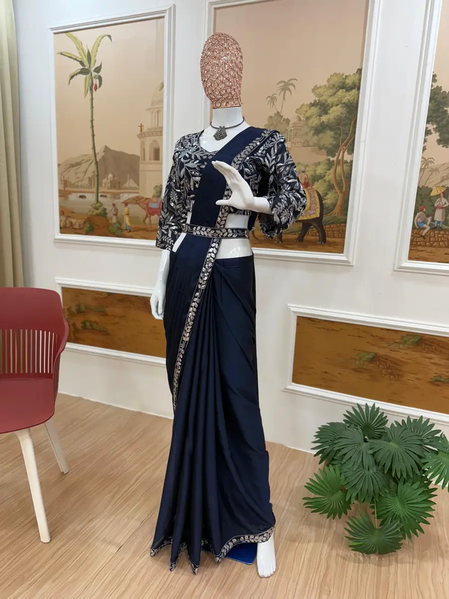 FANCY RANGOLI EMBROIDERY LACE BORDER WORK READY TO WEAR SAREE STITCHED BLOUSE AND WASIT BELT WEDDING WEAR WHOLESALE PRICE ETHNIC GARMENT (8)