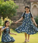 FANCY RAYON ALL-OVER PRINT KID'S DRESS BLUE