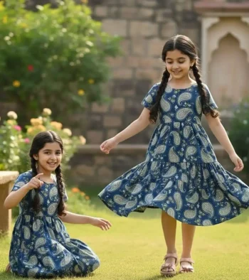 FANCY RAYON ALL-OVER PRINT KID'S DRESS BLUE