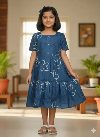 FANCY RAYON ALL-OVER PRINT KID'S DRESS BLUE