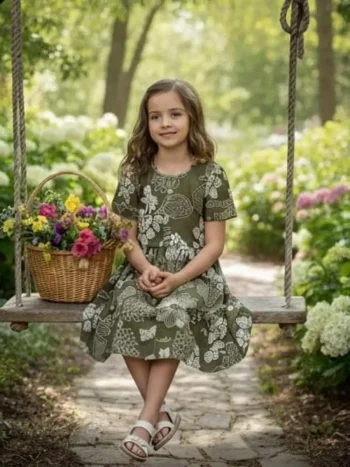 FANCY RAYON ALL-OVER PRINT KID'S DRESS MEHNDI