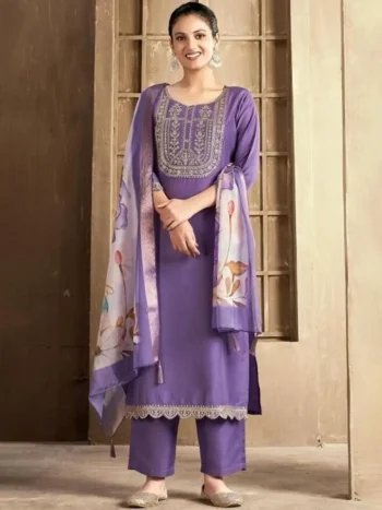 FANCY RAYON COTTON EMBROIDERY SEQUENCE WORK TOP BOTTOM WITH DUPATTA LAVENDER