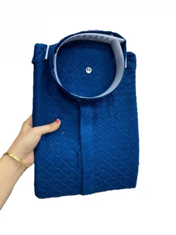 FANCY RAYON EMBROIDERY WORK MEN'S KURTA PAYJAMA BLUE