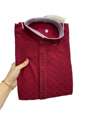 FANCY RAYON EMBROIDERY WORK MEN'S KURTA PAYJAMA RANI