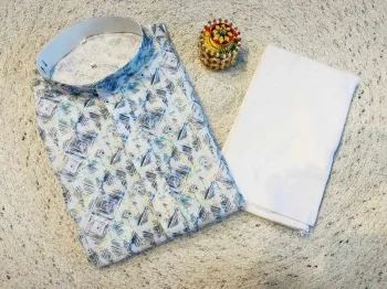 FANCY RAYON PRINTED WITH EMBROIDERY WORK MEN'S KURTA PAYJAMA BLUE WHITE