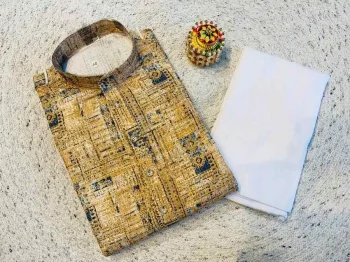 FANCY RAYON PRINTED WITH EMBROIDERY WORK MEN'S KURTA PAYJAMA YELLOW