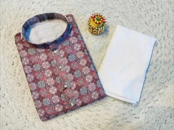 FANCY RAYON PRINTED WITH EMBROIDERY WORK MEN'S KURTA PAYJAMA MAROON