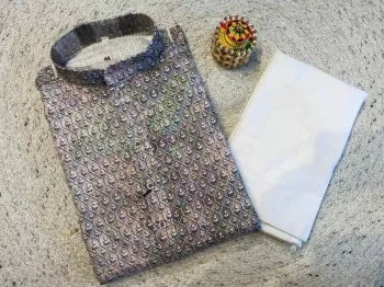 FANCY RAYON PRINTED WITH EMBROIDERY WORK MEN'S KURTA PAYJAMA GREY