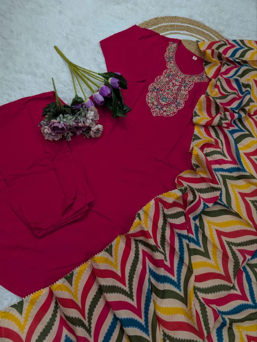 FANCY RAYON SEQUENCE EMBROIDERY WORK TOP BOTTOM WITH DUPATTA FESTIVE WEAR WHOLESALE PRICE ETHNIC GARMENT (1)