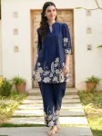 FANCY RAYON SLUB PRINTED WORK CO-ORD SET NAVY BLUE