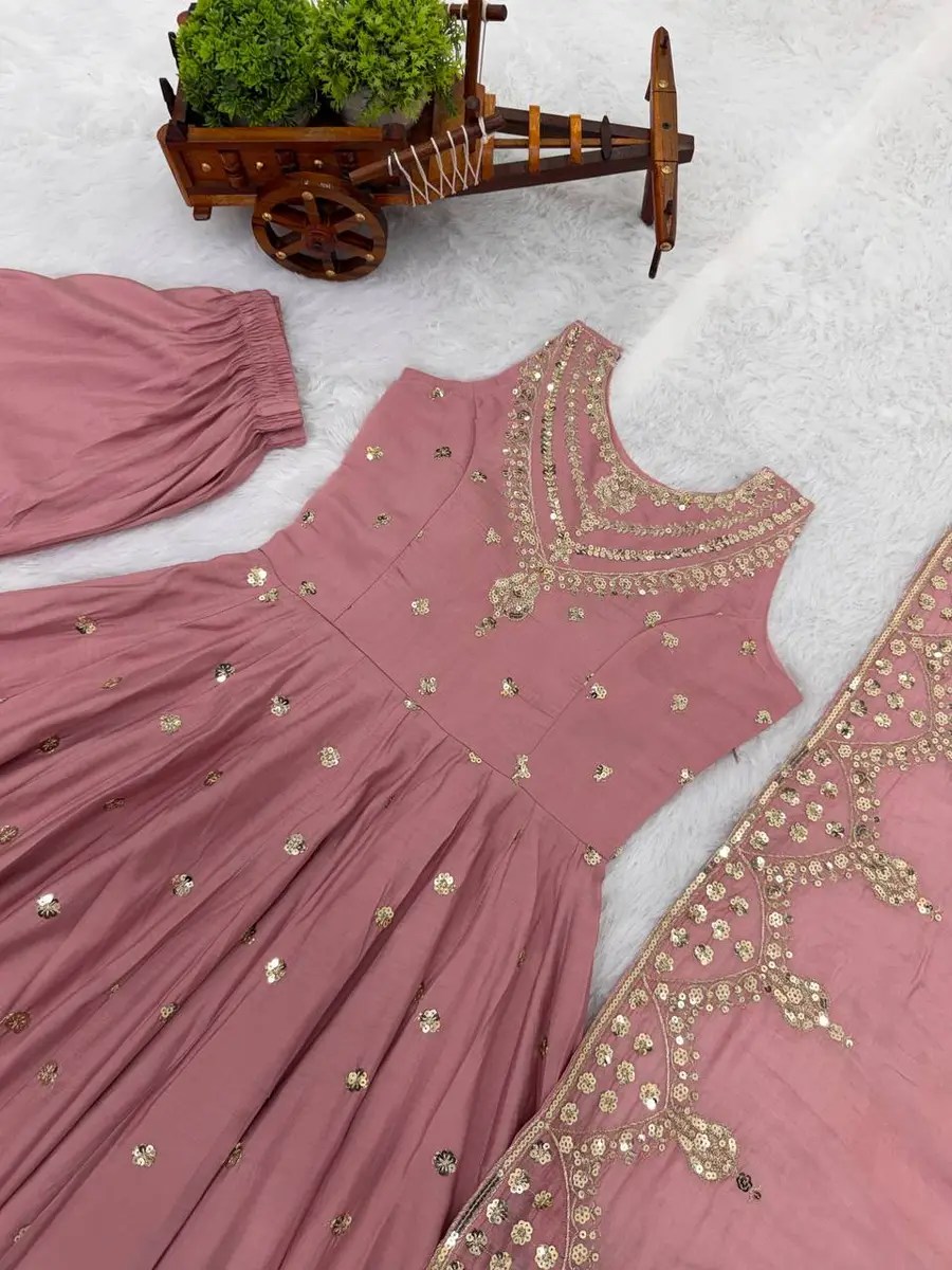 FANCY ROMAN SILK EMBROIDERY SEQUENCE WORK GOWN BOTTOM WITH DUPATTA PARTY WEAR WHOLESALE PRICE ETHNIC GARMENT (12)