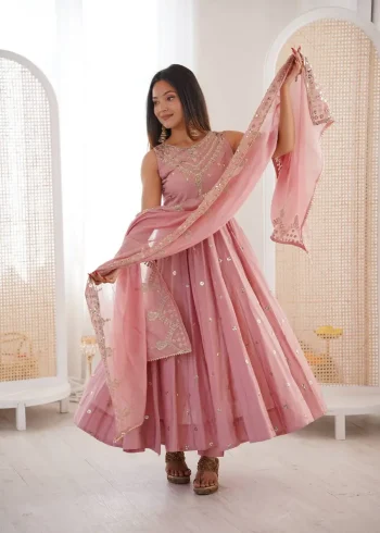 FANCY ROMAN SILK EMBROIDERY SEQUENCE WORK GOWN BOTTOM WITH DUPATTA PEACH
