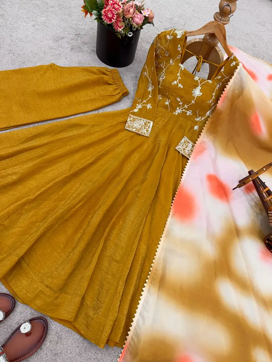 FANCY RUNCHY SILK EMBROIDERY SEQUENCE WORK GOWN BOTTOM WITH DUPATTA PARTY WEAR WHOLESALE PRICE ETHNIC GARMENT (1)