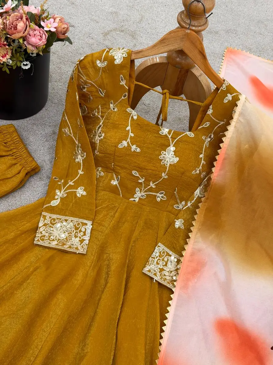 FANCY RUNCHY SILK EMBROIDERY SEQUENCE WORK GOWN BOTTOM WITH DUPATTA PARTY WEAR WHOLESALE PRICE ETHNIC GARMENT (12)