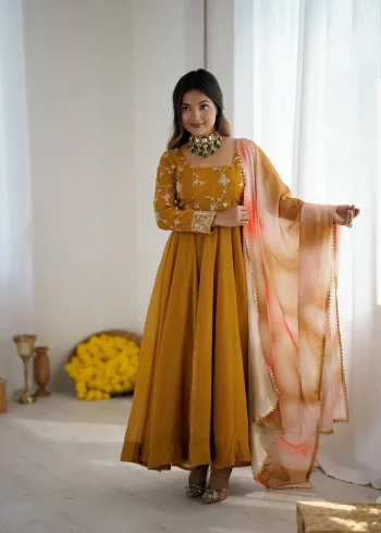 FANCY RUNCHY SILK EMBROIDERY SEQUENCE WORK GOWN BOTTOM WITH DUPATTA YELLOW