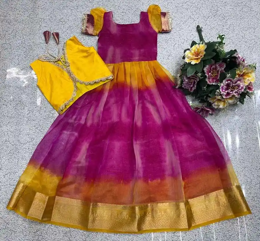 FANCY SHIMMER SILK GOLD JARI AND LACE EMBROIDERY WORK KID'S GOWN AND KOTI FESTIVE WEAR WHOLESALE PRICE ETHNIC GARMENT (5)