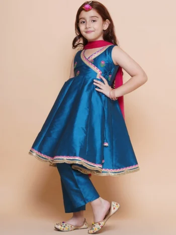 FANCY SIL WOVEN EMBROIDERY WORK KID'S TOP BOTTOM WITH DUPATTA BLUE