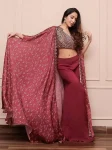 FANCY SILK PAPER MIRROR WORK BLOUSE SHARARA AND SHRUG MAROON