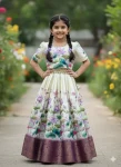 FANCY SILK PRINT WORK KID'S LEHENGA CHOLI OFF WHITE AND WINE