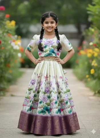 FANCY SILK PRINT WORK KID'S LEHENGA CHOLI OFF WHITE AND WINE