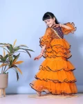FANCY SOFT NET LEHERIYA WORK KID'S LEHENGA CHOLI WITH JACKET ORANGE