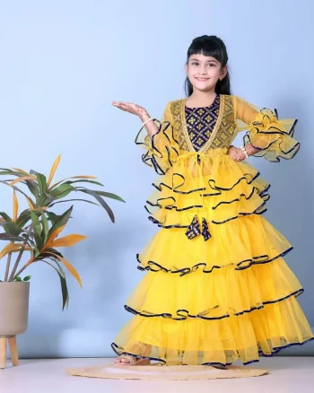FANCY SOFT NET LEHERIYA WORK KID'S LEHENGA CHOLI WITH JACKET YELLOW