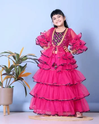 FANCY SOFT NET LEHERIYA WORK KID'S LEHENGA CHOLI WITH JACKET PINK