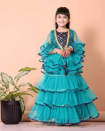 FANCY SOFT NET LEHERIYA WORK KID'S LEHENGA CHOLI WITH JACKET RAMA