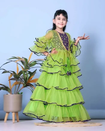 FANCY SOFT NET LEHERIYA WORK KID'S LEHENGA CHOLI WITH JACKET GREEN