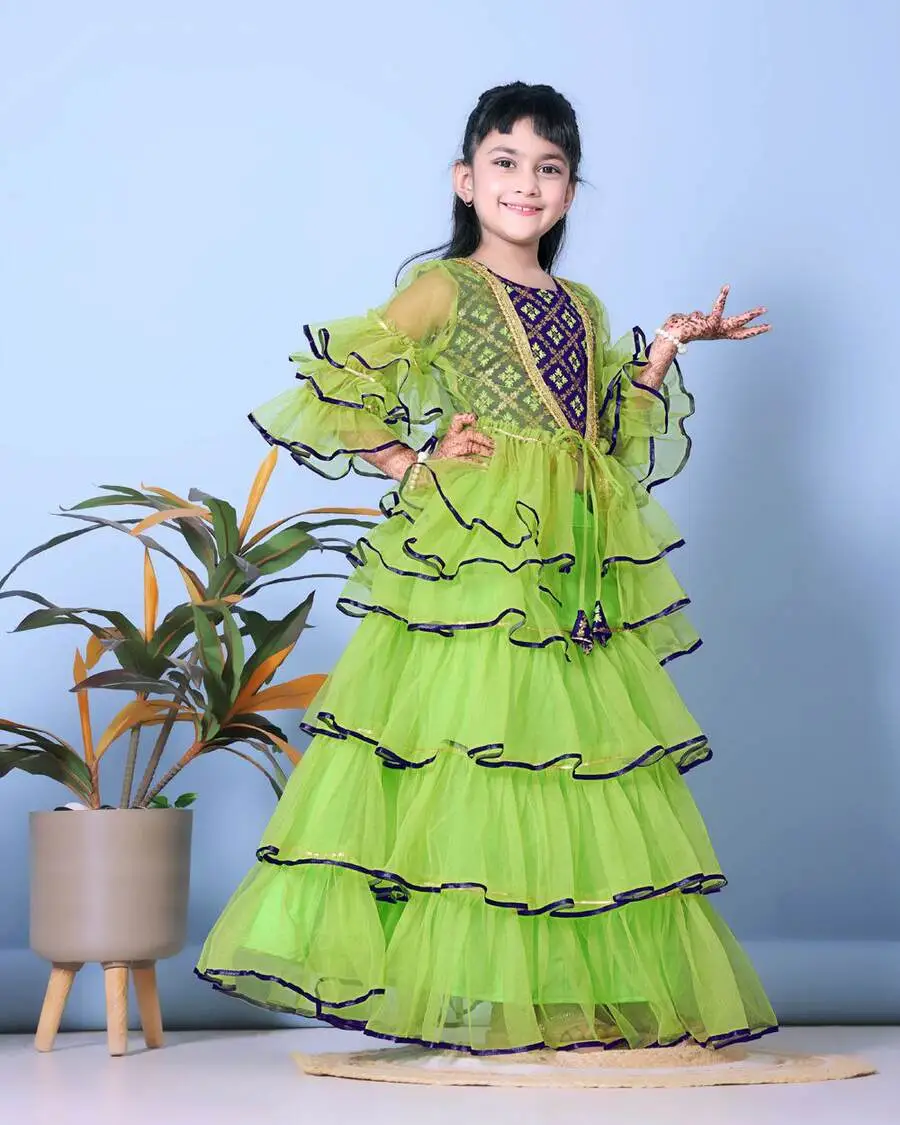 FANCY SOFT NET LEHERIYA WORK KID'S LEHENGA CHOLI WITH JACKET PARTY WEAR WHOLESALE PRICE ETHNIC GARMENT (6)