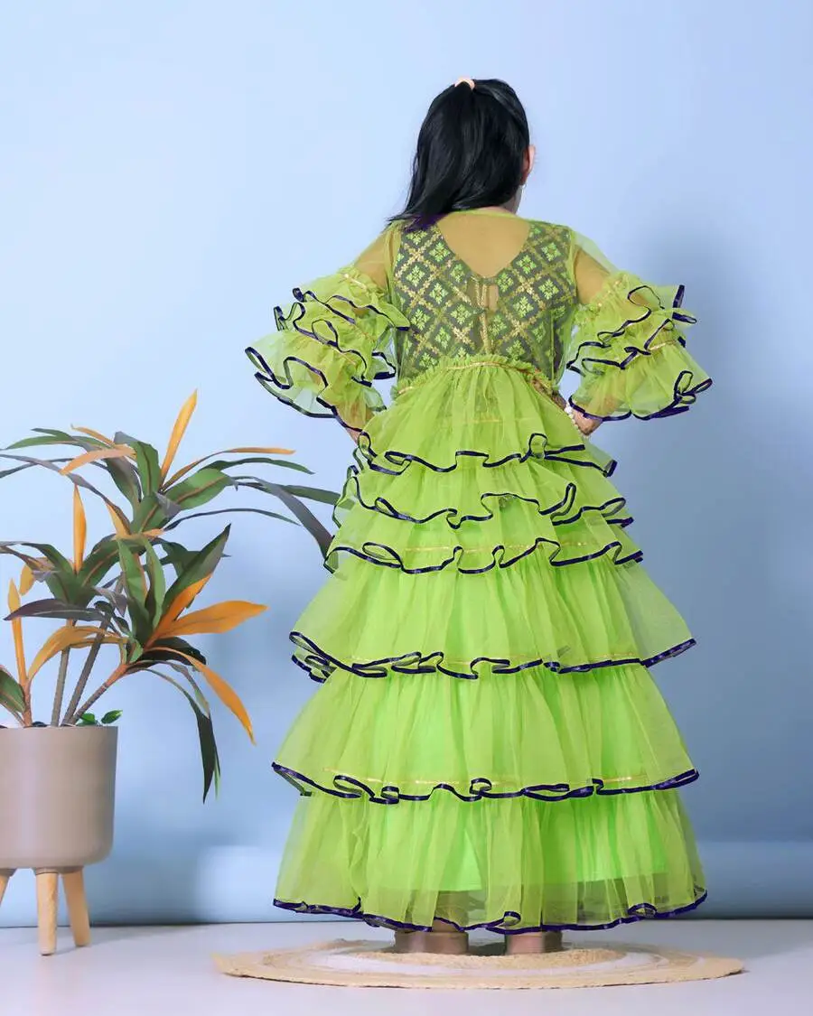 FANCY SOFT NET LEHERIYA WORK KID'S LEHENGA CHOLI WITH JACKET PARTY WEAR WHOLESALE PRICE ETHNIC GARMENT (7)