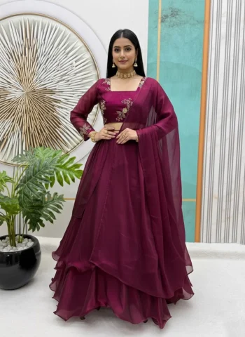 FANCY SPACE SILK SEQUENCE EMBROIDERY WORK LEHENGA BLOUSE WITH EXTRA FRILLS AND DUPATTA WINE