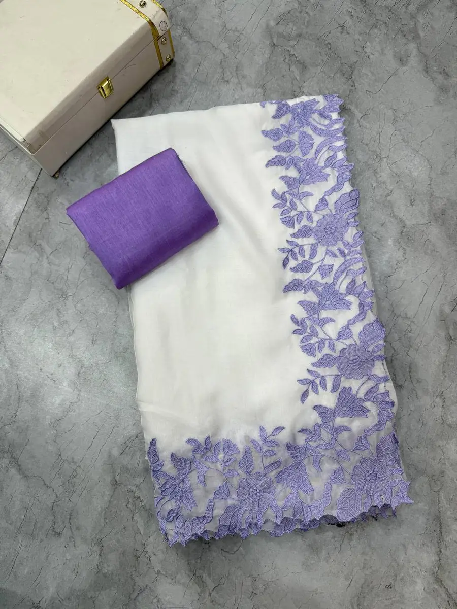 FANCY TABBY ORGANZA THREAD WORK AND ARCO BORDER WORK SAREE WITH UNSTITCHED BLOUSE WEDDING WEAR WHOLESALE PRICE ETHNIC GARMENT (1)