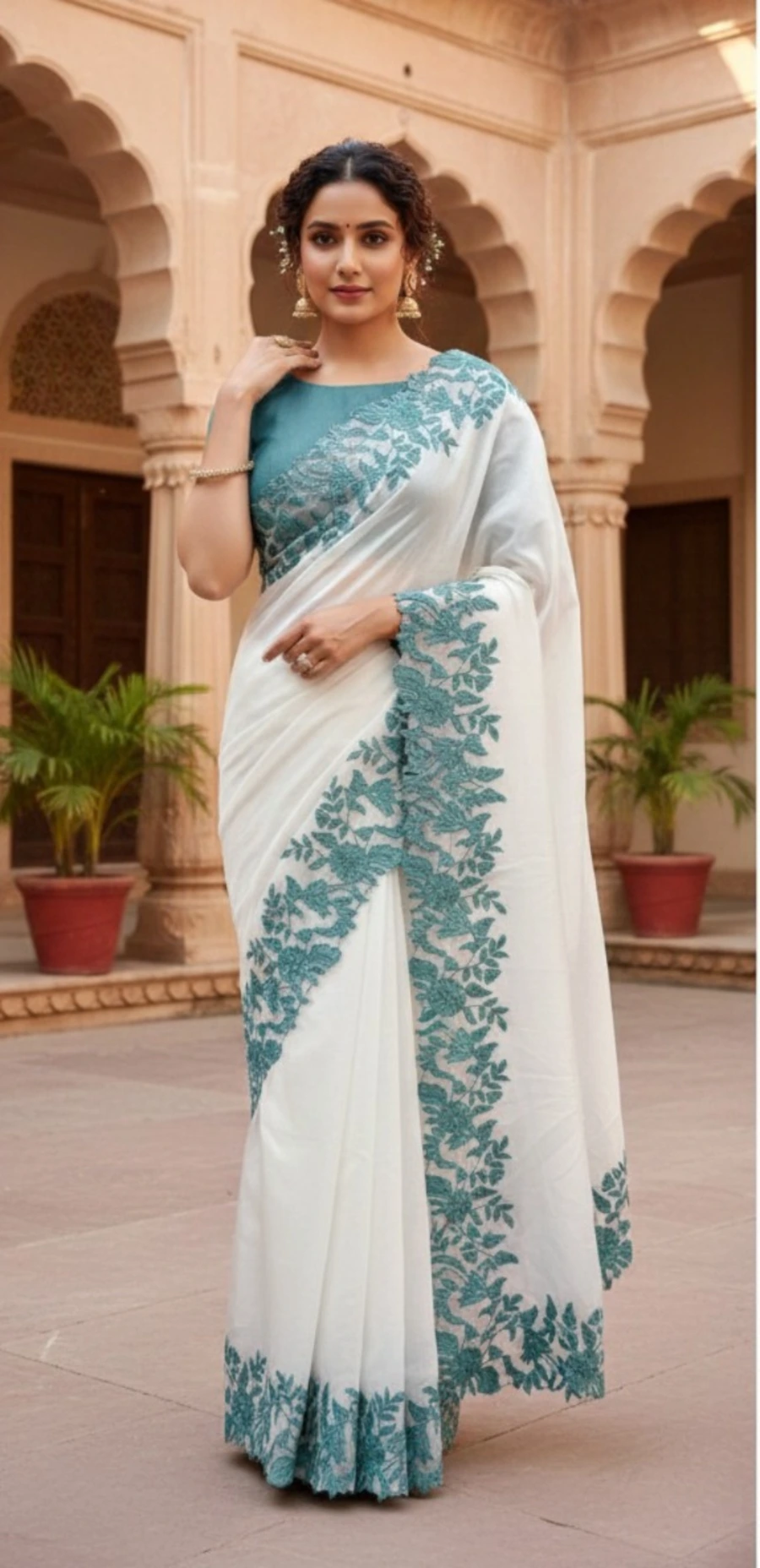 FANCY TABBY ORGANZA THREAD WORK AND ARCO BORDER WORK SAREE WITH UNSTITCHED BLOUSE WEDDING WEAR WHOLESALE PRICE ETHNIC GARMENT (7)