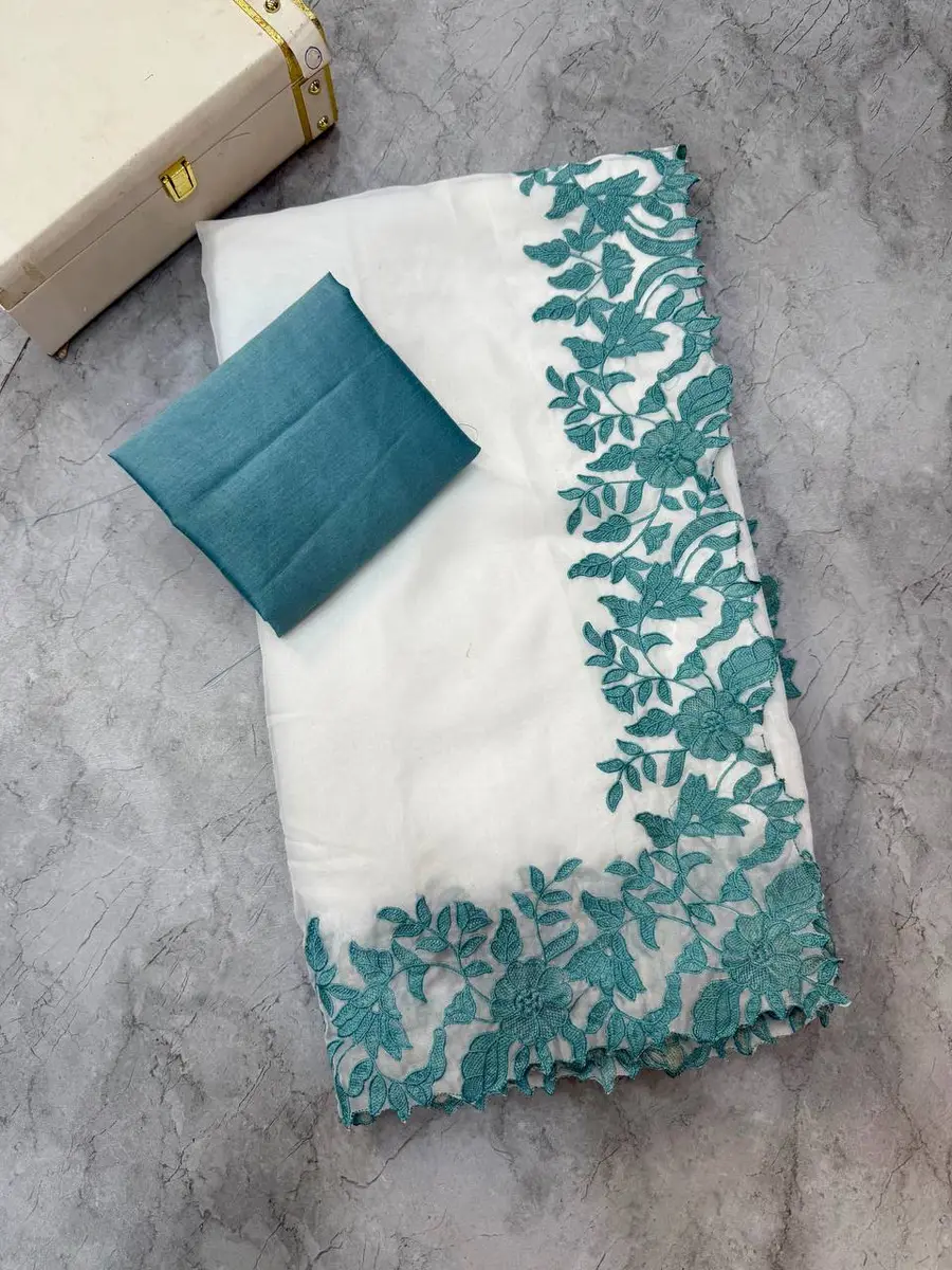 FANCY TABBY ORGANZA THREAD WORK AND ARCO BORDER WORK SAREE WITH UNSTITCHED BLOUSE WEDDING WEAR WHOLESALE PRICE ETHNIC GARMENT (9)