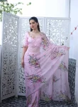 FANCY TABBY SILK FLORAL PRINT WITH BEADS, SEQUENCE AND CUT DANA HANDWORK SAREE WITH UNSTITCHED BLOUSE BABY PINK