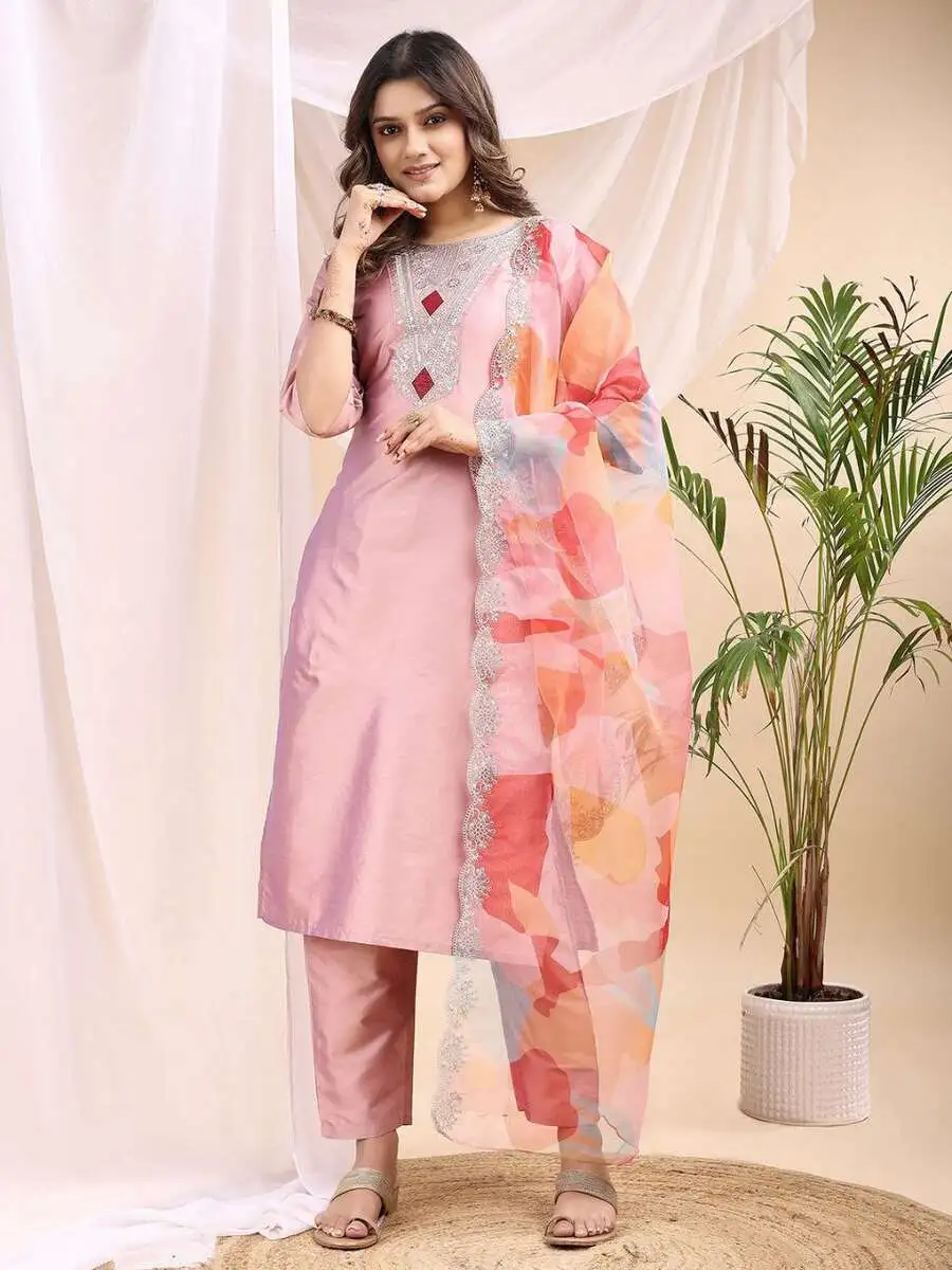 FANCY TAFETA SILK EMBROIDERY JARI WORK TOP BOTTOM WITH DUPATTA FESTIVE WEAR WHOLESALE PRICE ETHNIC GARMENT (5)