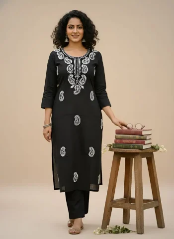 FANCY TESLA SLUB THREAD EMBROIDERY WORK TOP PENT SET BLACK