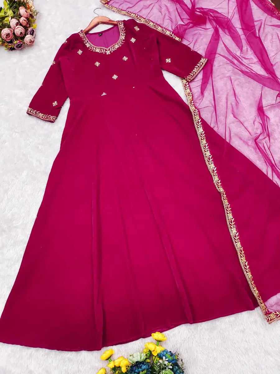 FANCY VELVET EMBROIDERY SEQUENCE WORK GOWN WITH DUPATTA FESTIVE WEAR WHOLESALE PRICE ETHNIC GARMENT (6)
