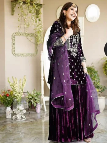 FANCY VELVET EMBROIDERY WORK TOP PALAZZO WITH DUPATTA PURPLE
