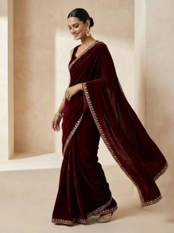 FANCY VELVET PLAIN WITH DUAL SEQUENCE ZARI THREAD EMBROIDERY WORK SAREE WITH UNSTITCHED BLOUSE MAROON