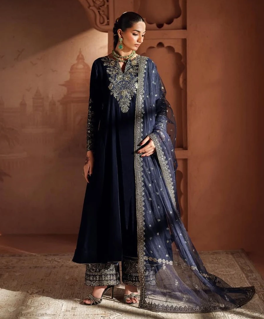 FANCY VELVET SEQUENCE EMBROIDERY WORK TOP PALAZZO WITH DUPATTA FESTIVE WEAR WHOLESALE PRICE ETHNIC GARMENT (2)