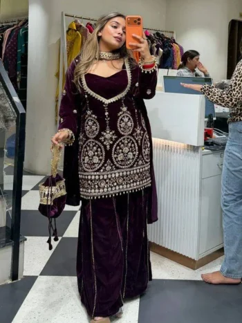 FANCY VELVET SEQUENCE EMBROIDERY WORK TOP PALAZZO WITH DUPATTA PURPLE